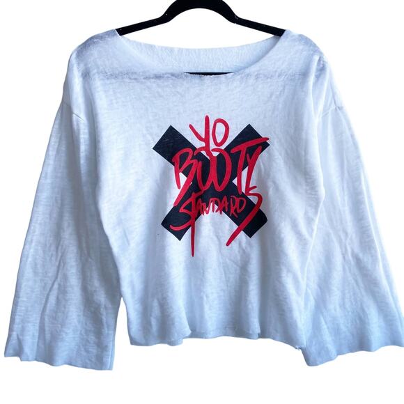 Tyra Banks ModelLand S White Yo Booty Standards Graphic Cutoff Cozy Knit Sweater - Picture 2 of 6